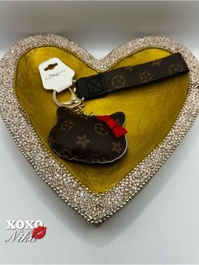 Monogram Cat Kitty Keychain Wristlet Dark Brown with Red Bow